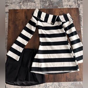Striped Off-Shoulder Top and Black Skirt Set